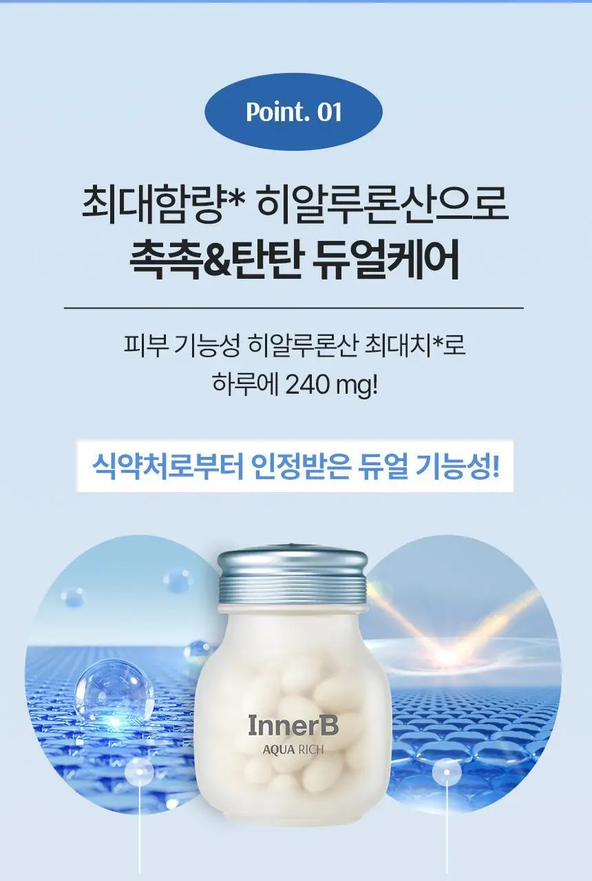 [히알루론산 240mg] CJ 이너비 아쿠아리치 56캡슐 (28일분) 상세페이지 7